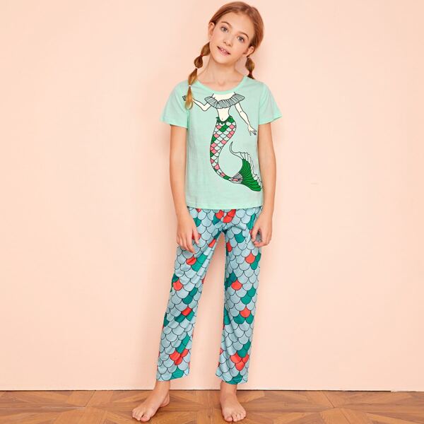 

Girls Mermaid Print PJ Set, Green