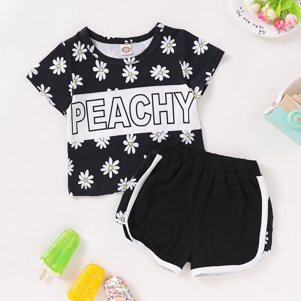 

Baby Girl Daisy Floral Tee With Track Shorts, Black