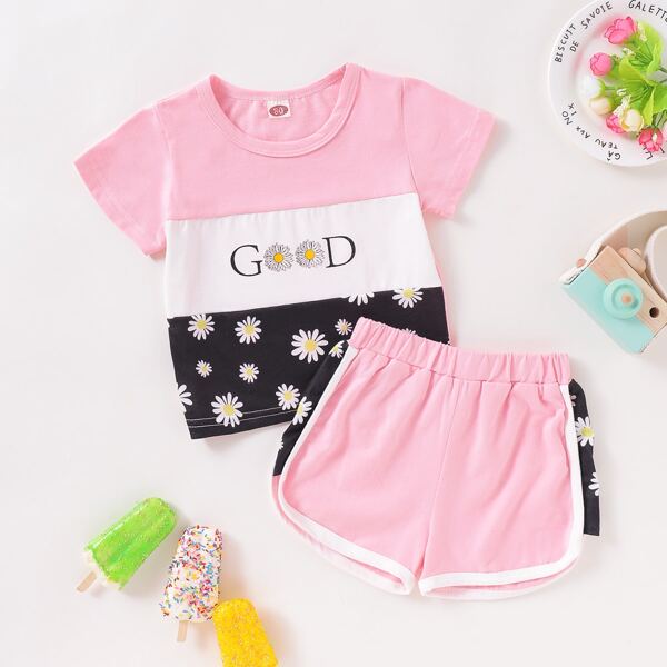 

Baby Girl Daisy Floral Spliced Tee With Track Shorts, Multicolor