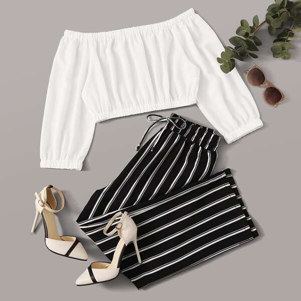 

Solid Bardot Top With Striped Pants, Black and white