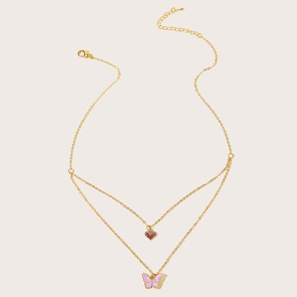 

1pc Toddler Girls Heart & Butterfly Charm Layered Necklace, Gold