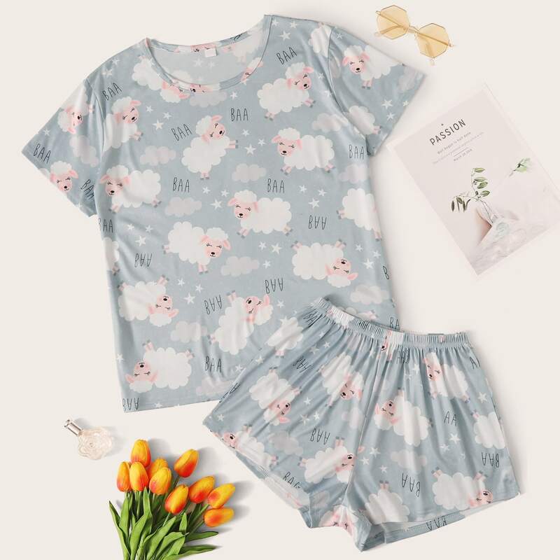 

Cartoon Sheep Graphic PJ Set, Grey