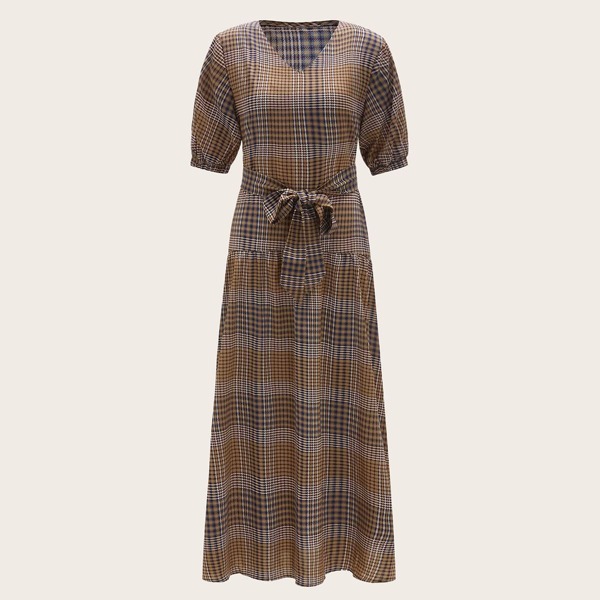 

Plaid Print Belted V-Neck Dress, Multicolor