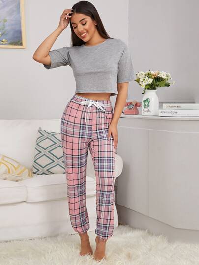 Plaid Drawstring Waist PJ Set