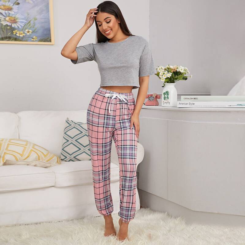

Plaid Drawstring Waist PJ Set, Multicolor