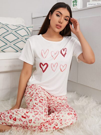 Heart Print Short Sleeve PJ Set
