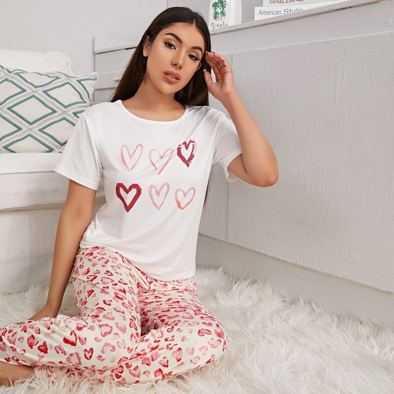 

Heart Print Short Sleeve PJ Set, Multicolor