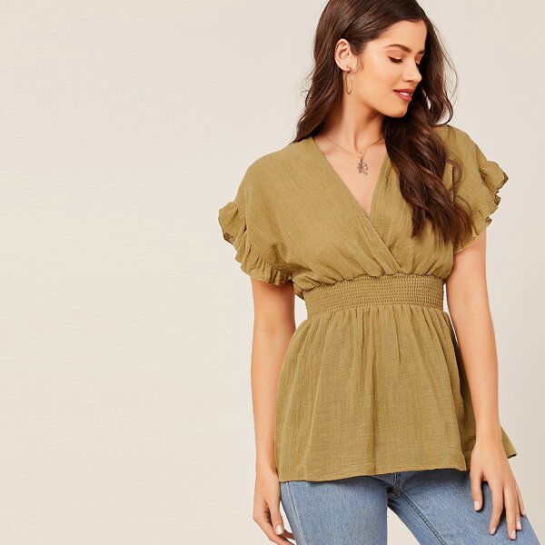 

Ruffle Short Sleeve Smocked Waist V-Neck Top, Khaki
