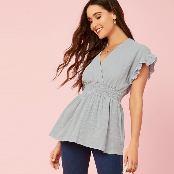 

Ruffle Short Sleeve Smocked Waist V-Neck Top, Blue