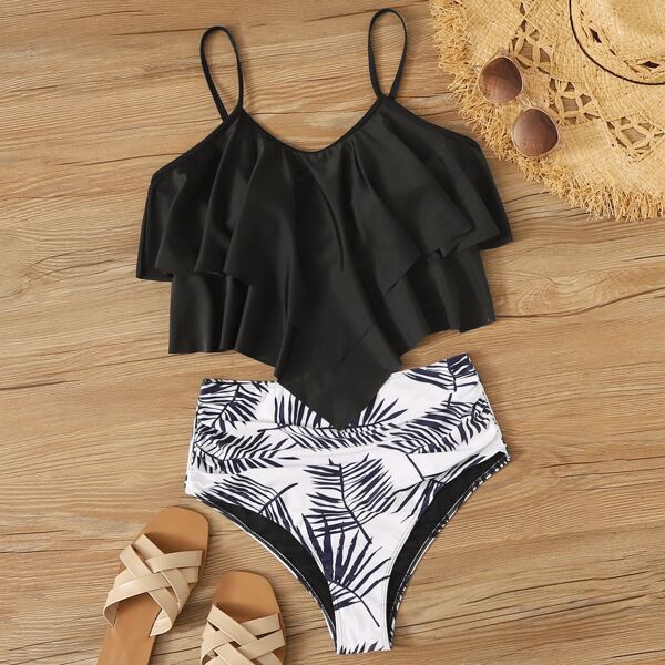 

Tropical Hanky Hem Ruched Bikini Swimsuit, Black and white