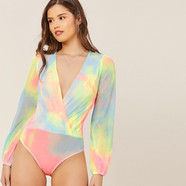 

Surplice V-Neck Long Sleeve Tie Dye Mesh Bodysuit, Multicolor