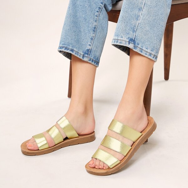 

Metallic Three Band Open Toe Slide Sandals, Gold