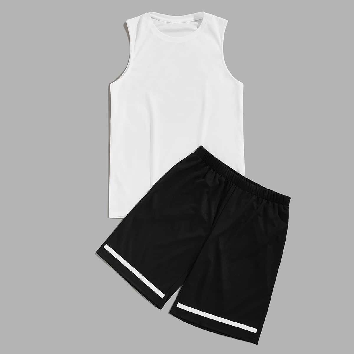 

Guys Solid Tank Top & Drawstring Track Shorts, Black and white