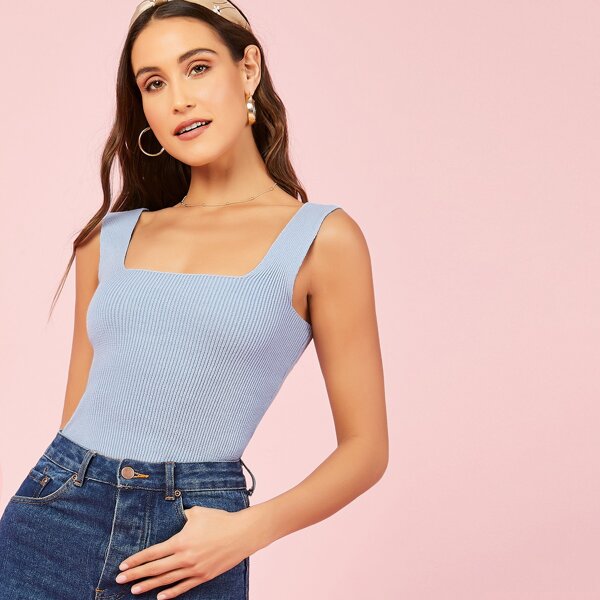 

Square Neck Sleeveless Knit Crop Top, Blue