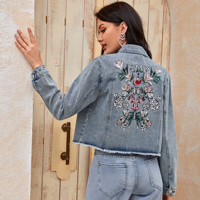 

Floral Embroidery Back Raw Hem Denim Jacket, Blue