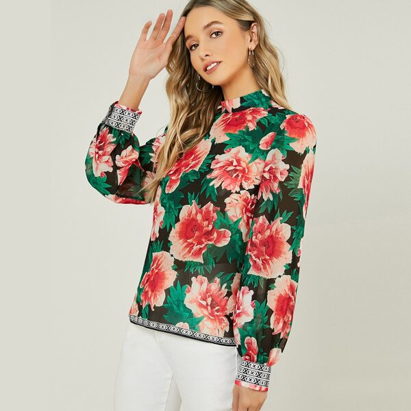 

Back Keyhole Mock Neck Long Sleeve Floral Blouse, Multicolor