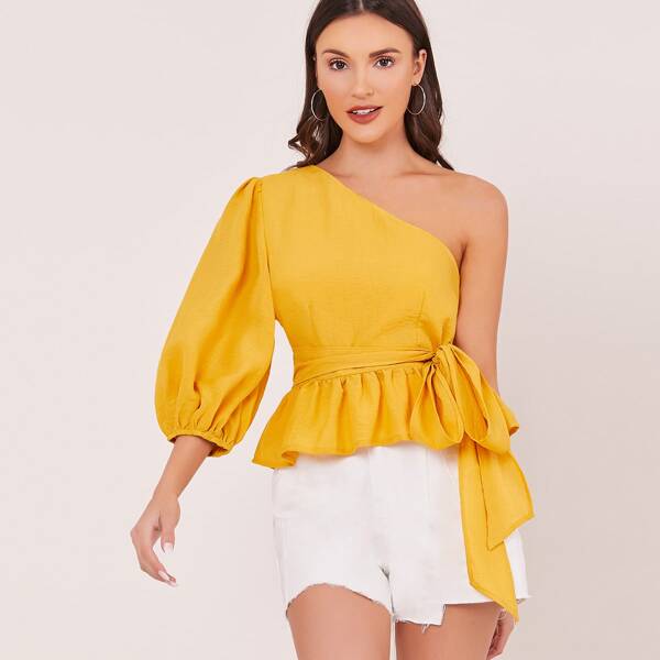 

Puff Quarter Sleeve One Shoulder Waist Tie Blouse, Yellow
