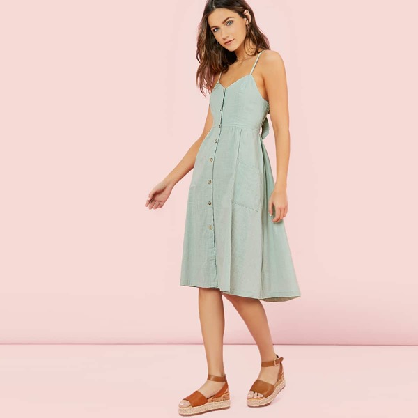 

Sleeveless Button Front Back Tie Midi Dress, Green