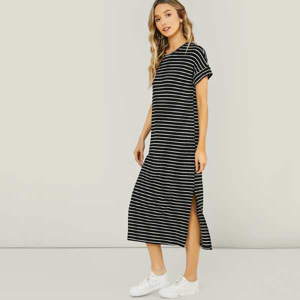 

Short Sleeve Stripe T-Shirt Midi Dress, Black and white