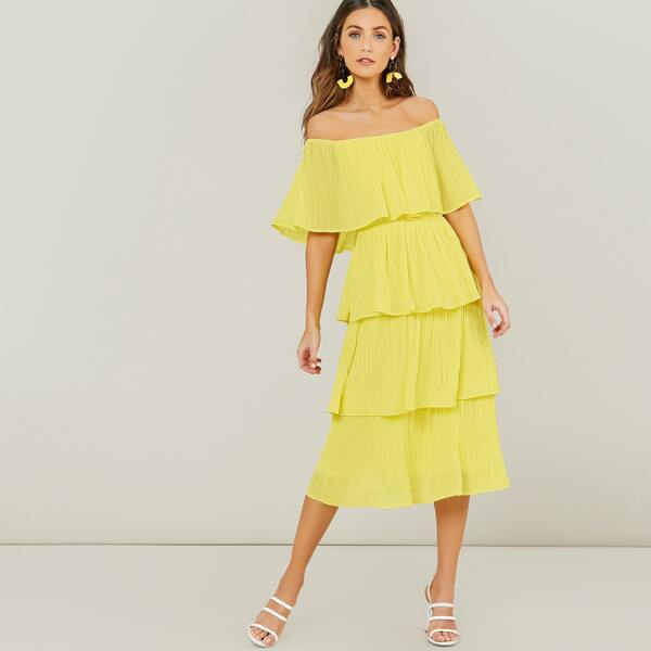 

Off Shoulder Pleated Layer Midi Dress, Yellow bright
