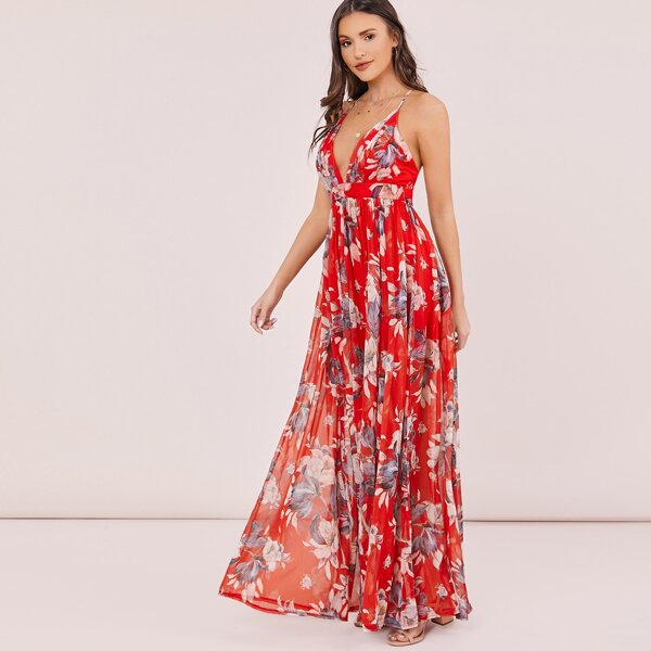 

Spaghetti Strap Floral Maxi Dress, Red