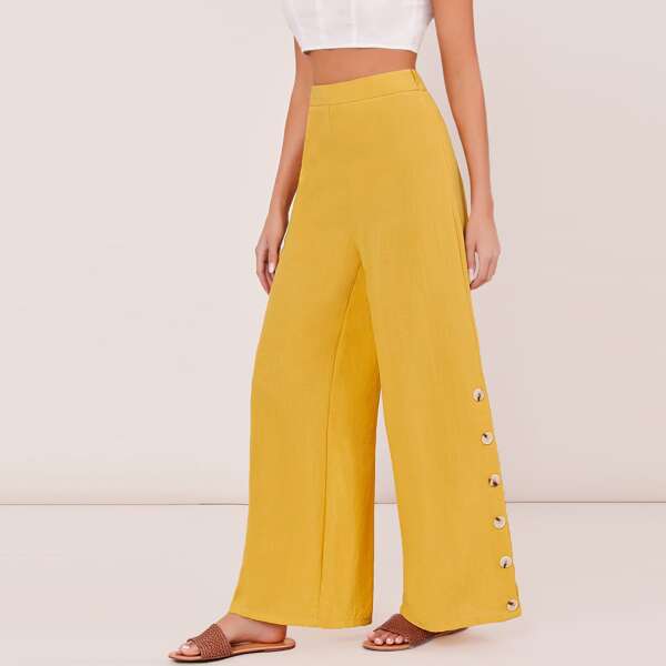 

Buttoned Side Wide Leg Pants, Yellow
