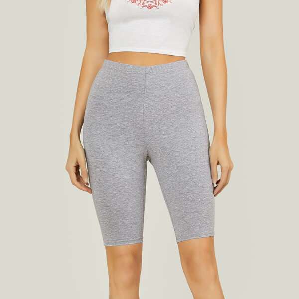 

Elastic Waist Heathered Knit Biker Shorts, Grey
