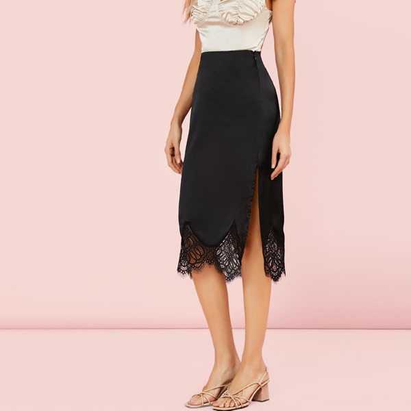 

Side Slit Lace Trimmed Satin Midi Skirt, Black