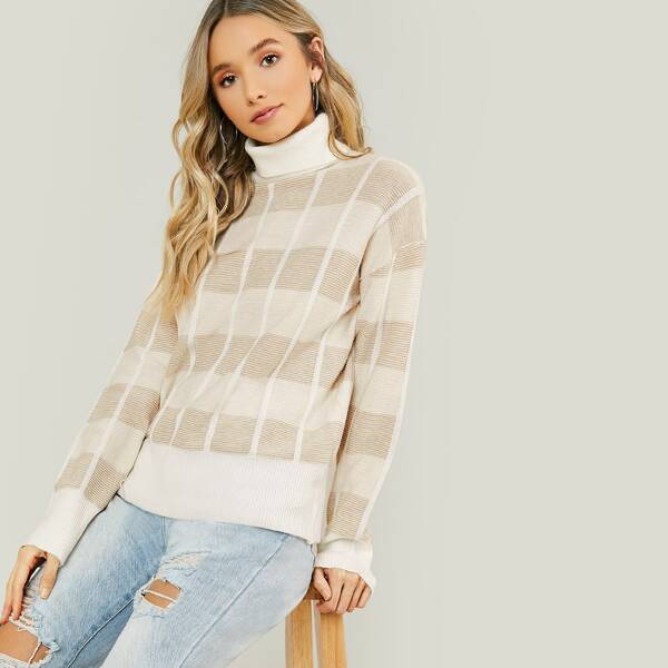 

Turtleneck Pullover Grid Sweater, Multicolor