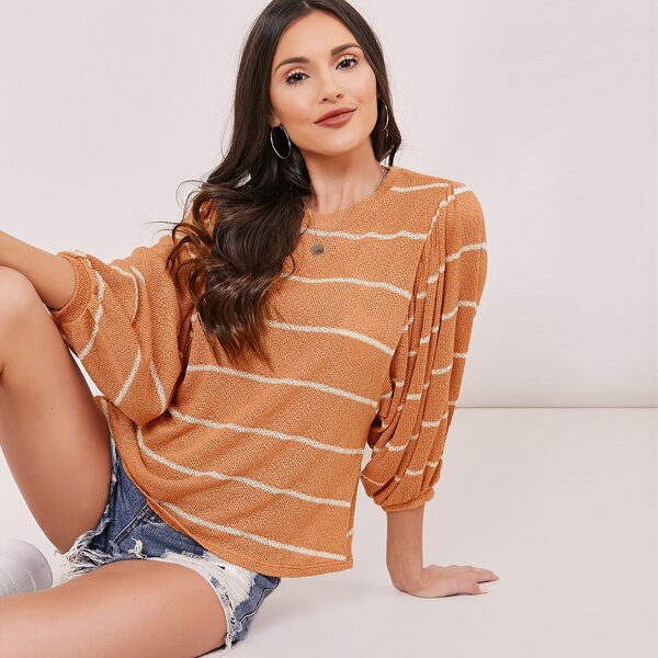 

Quarter Sleeve Crew Neck Stripe Pullover Sweater, Orange