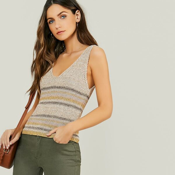 

V-Neck Sleeveless Stripe Sweater Tank Top, Multicolor