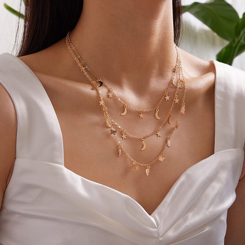 

1pc Star & Moon Charm Layered Necklace, Gold