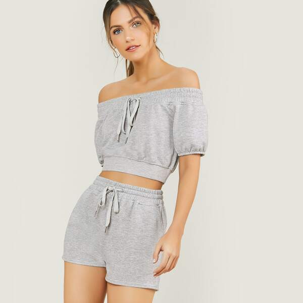 

French Terry Off Shoulder Crop Top And Shorts Set, Grey