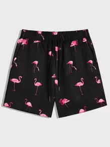 Manfinity VCAY 男士綁繩腰佛朗明哥印花短褲，寬鬆休閒圖形色彩豐富度假沙灘必備 - 黑色 - 查看 1