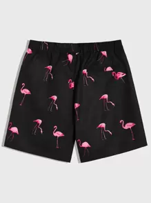 Manfinity VCAY 男士綁繩腰佛朗明哥印花短褲，寬鬆休閒圖形色彩豐富度假沙灘必備 - 黑色 - 查看 2