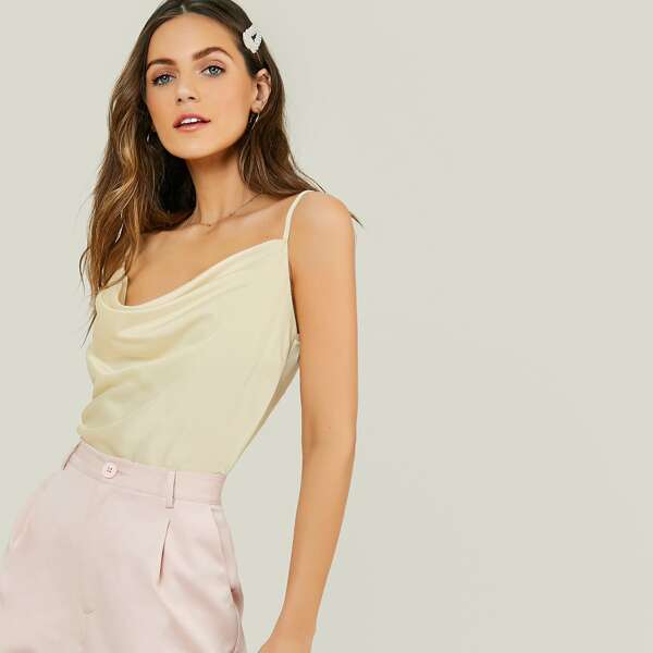 

Cowl Neck Satin Cami Tank Top, Beige