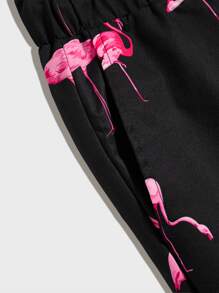 Manfinity VCAY 男士綁繩腰佛朗明哥印花短褲，寬鬆休閒圖形色彩豐富度假沙灘必備 - 黑色 - 查看 4