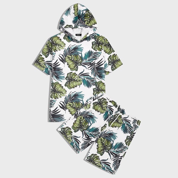 

Men Tropical Print Hoodie & Drawstring Shorts Set, Multicolor