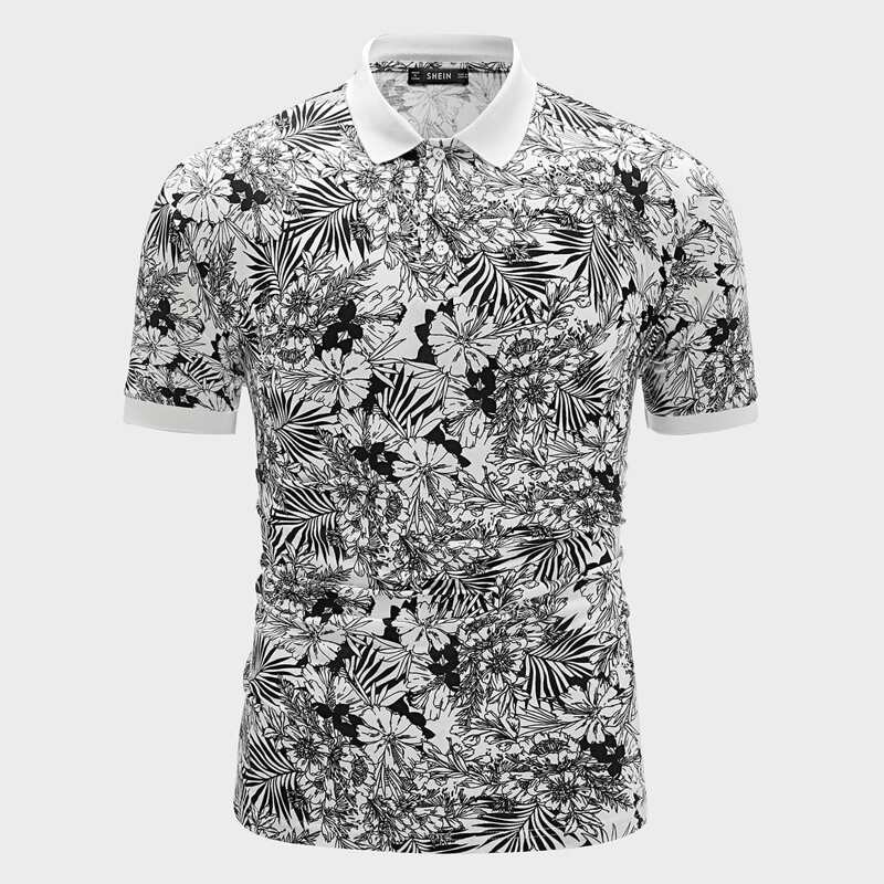 

Guys Two Tone Tropical Print Polo Shirt, Black and white