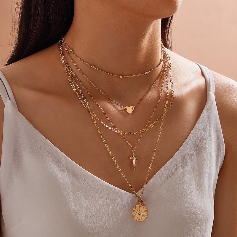 

1pc Cross & Heart Charm Layered Necklace, Gold