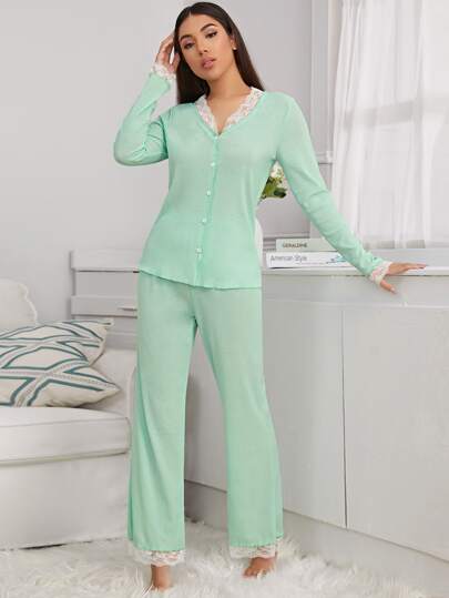 Contrast Lace Rib-knit PJ Set