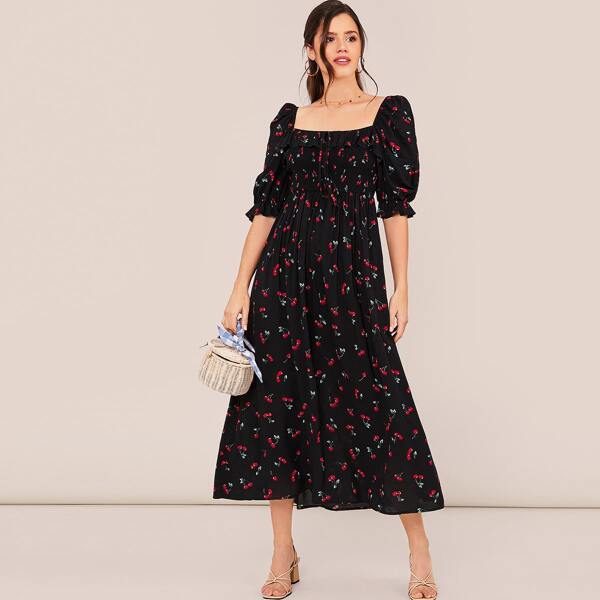 

Square Neck Shirred Detail Cherry Print Milkmaid Dress, Black