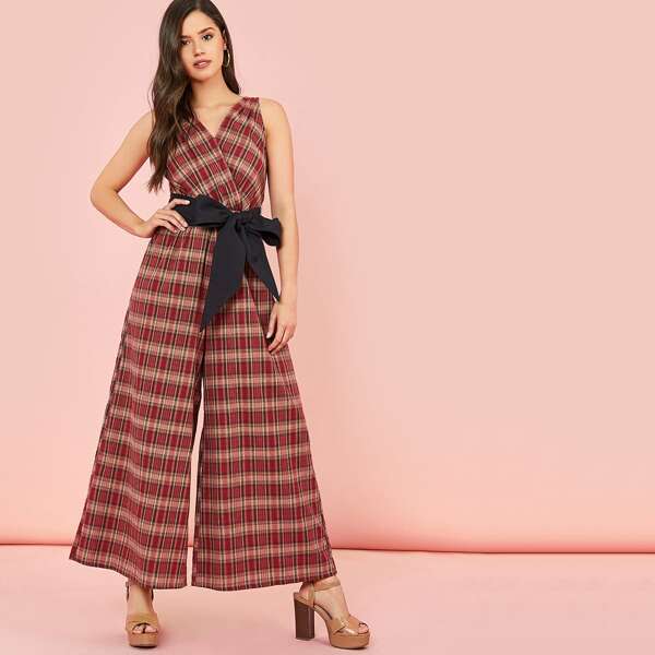 

Surplice Neck Wide Leg Plaid Jumpsuit With Belt, Multicolor