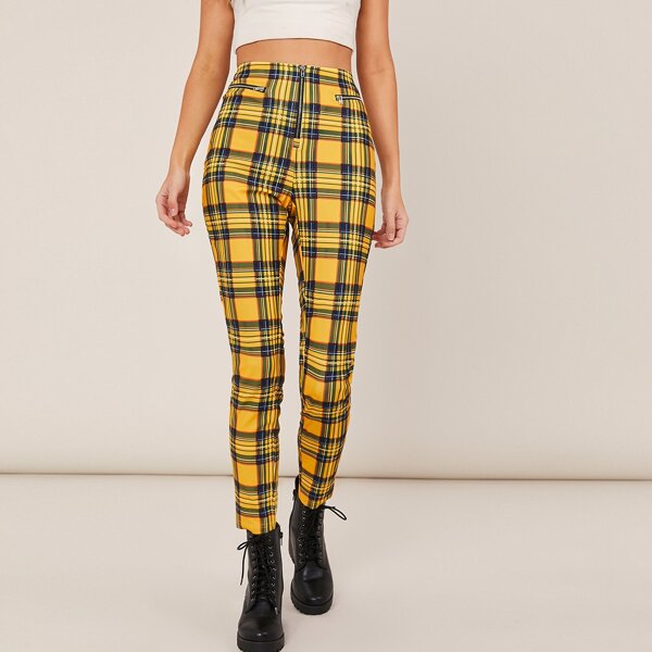 

Zipper Fly Tartan Pants, Yellow