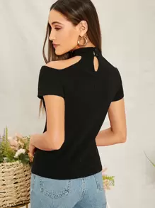 SHEIN Privé Cold Shoulder Rib-knit Top - Black - View 2