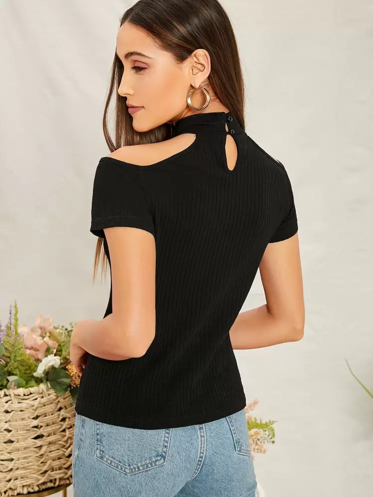 SHEIN Privé Cold Shoulder Rib-knit Top - Black - View 2