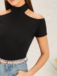 SHEIN Privé Cold Shoulder Rib-knit Top - Black - View 4