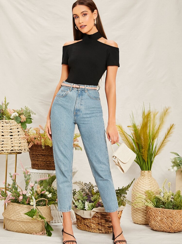 SHEIN Privé Cold Shoulder Rib-knit Top - Black - View 5