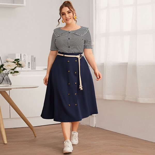 

Plus Striped Peter Pan Tee With Double Button Skirt Without Belted, Multicolor