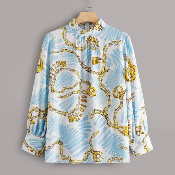 

Plus Chain Print Zipper Back Blouse, Blue